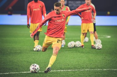 SAINT-PETERSBURG, RUSSIA - November 16, 2019: Timothy Castagne and Belgium national football team training session during UEFA EURO 2020 qualifying match between Russia against Belgium, Russia