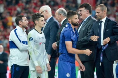 Istanbul, Turkey - August 14, 2019: FootChelsea football players received silver medals r after the UEFA Super Cup Finals match between Liverpool and Chelsea at Vodafone Park, Turkey