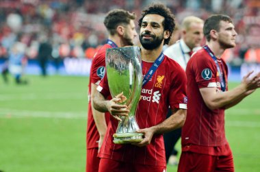 Istanbul, Turkey - August 14, 2019: Mohamed Salah celebrate with UEFA Super Cup 2019 at Vodafone Park in Vodafone Arena, Turkey