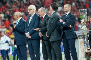 Istanbul, Turkey - August 14, 2019: Alexander Cheferin and Uefa leadership present medals at the award ceremony during the UEFA Super Cup Finals match between Liverpool and Chelsea, Turkey