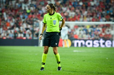 Istanbul, Turkey - August 14, 2019: Women's Referees Panel led by Judge Stephanie Frappart during the UEFA Super Cup Finals match between Liverpool and Chelsea in Vodafon Arena stadium, Turkey