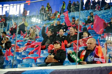 SAINT-PETERSBURG, RUSSIA - November 16, 2019: Football fans on the stadium during UEFA EURO 2020 qualifying match between national team Russia against Belgium, Russia