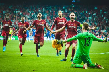 Istanbul, Turkey - August 14, 2019: Liverpool  players celebrates victory in UEFA Super Cup during the UEFA Super Cup Finals match between Liverpool and Chelsea at Vodafone Park, Turkey