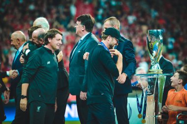Istanbul, Turkey - August 14, 2019: Jurgen Klopp receives gold medals during the UEFA Super Cup Finals match between Liverpool and Chelsea at Vodafone Park in Vodafone Arena, Turkey