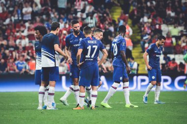 Istanbul, Turkey - August 14, 2019: Chelsea player  during half-time break during the UEFA Super Cup Finals match between Liverpool and Chelsea at Vodafone Park in Vodafone Arena, Turkey