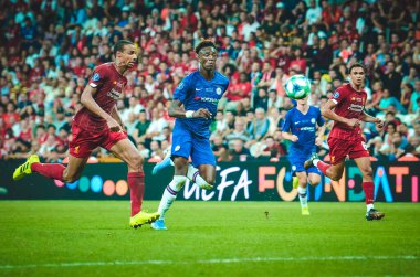 Istanbul, Turkey - August 14, 2019: Joel Matip and Tammy Abraham during the UEFA Super Cup Finals match between Liverpool and Chelsea at Vodafone Park in Vodafone Arena, Turkey
