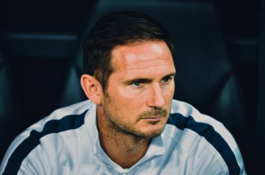 Istanbul, Turkey - August 14, 2019: Coach Frank Lampard with referee during the UEFA Super Cup Finals match between Liverpool and Chelsea at Vodafone Park in Vodafone Arena, Turkey