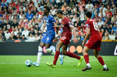 Istanbul, Turkey - August 14, 2019: Joel Matip and Tammy Abraham during the UEFA Super Cup Finals match between Liverpool and Chelsea at Vodafone Park in Vodafone Arena, Turkey