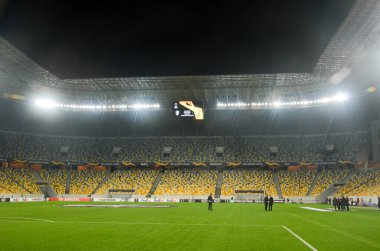 LVIV, UKRAINE - November 07, 2019: Night football stadium close up  during the UEFA Europa League match between Alexandria (Ukraine) vs AS Saint Etienne (France), Ukraine