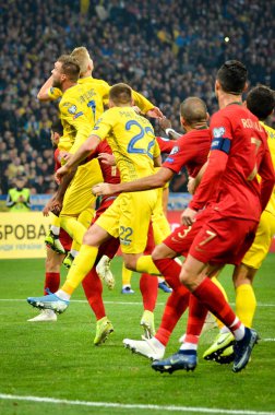 Kyiv, Ukrayna - 14 Ekim 2019: Uefa Euro 2020 ön eleme maçında Ukrayna milli takımı Ukrayna milli takımı Ukrayna ile oynamıştır.