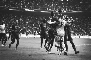 Istanbul, Turkey - August 14, 2019: Liverpool  players celebrates victory in UEFA Super Cup during the UEFA Super Cup Finals match between Liverpool and Chelsea at Vodafone Park, Turkey