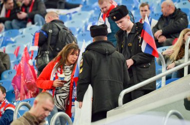 SAINT-PETERSBURG, RUSSIA - November 16, 2019: Football fans support their team during UEFA EURO 2020 qualifying match between national team Russia against Belgium, Russia