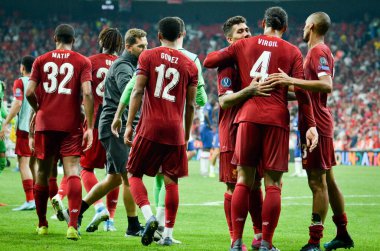 Istanbul, Turkey - August 14, 2019: Liverpool footballers celebrate victory in the UEFA Super Cup Finals match between Liverpool and Chelsea at Vodafone Park in Vodafone Arena, Turkey