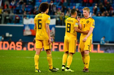 SAINT-PETERSBURG, RUSSIA - November 16, 2019: Belgian national football team celebrate victory  after UEFA EURO 2020 qualifying match between national team Russia against Belgium, Russia