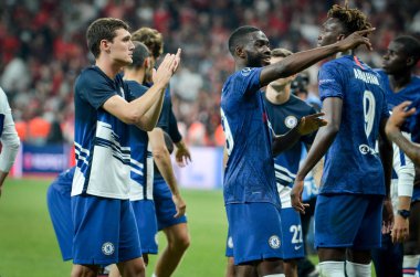 Istanbul, Turkey - August 14, 2019: Chelsea Football player thanks fans or their support during the UEFA Super Cup Finals match between Liverpool and Chelsea at Vodafone Park, Turkey
