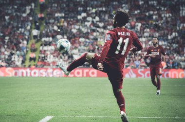 Istanbul, Turkey - August 14, 2019: Mohamed Salah player during the UEFA Super Cup Finals match between Liverpool and Chelsea at Vodafone Park in Vodafone Arena, Turkey