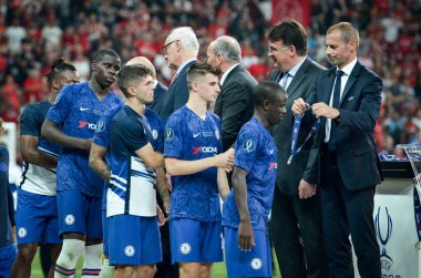 Istanbul, Turkey - August 14, 2019: FootChelsea football players received silver medals r after the UEFA Super Cup Finals match between Liverpool and Chelsea at Vodafone Park, Turkey