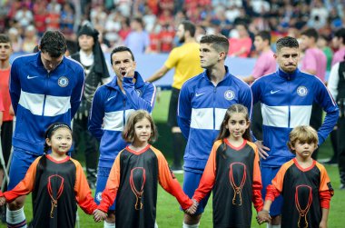 Istanbul, Turkey - August 14, 2019: Chelsea football players in front during the UEFA Super Cup Finals match between Liverpool and Chelsea at Vodafone Park in Vodafone Arena, Turkey
