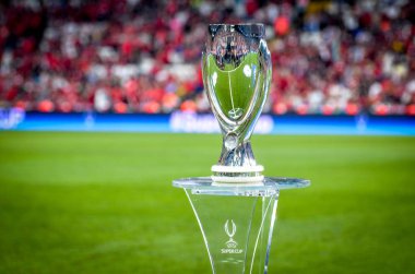 Istanbul, Turkey - August 14, 2019: Official 2019 UEFA Super Cup in Istanbul is on the pedestal during the UEFA Super Cup Finals match between Liverpool and Chelsea at Vodafone Park, Turkey