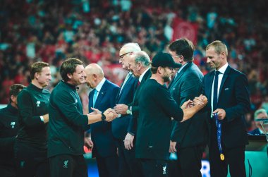 Istanbul, Turkey - August 14, 2019: Jurgen Klopp receives gold medals during the UEFA Super Cup Finals match between Liverpool and Chelsea at Vodafone Park in Vodafone Arena, Turkey