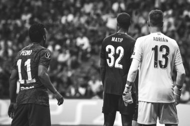 Istanbul, Turkey - August 14, 2019: Pedro and Joel Matip during the UEFA Super Cup Finals match between Liverpool and Chelsea at Vodafone Park in Vodafone Arena, Turkey