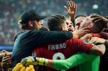 Istanbul, Turkey - August 14, 2019: Liverpool  players celebrates victory in UEFA Super Cup during the UEFA Super Cup Finals match between Liverpool and Chelsea at Vodafone Park, Turkey