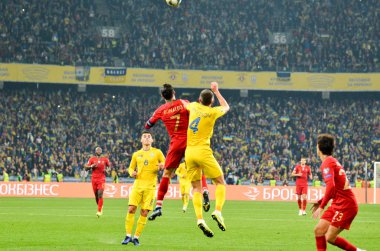 Kyiv, Ukrayna - 14 Ekim 2019: Uefa Euro 2020 ön eleme karşılaşmasında Ukrayna milli takımı Ukrayna ile Ukrayna milli takımı arasında oynanan karşılaşma sırasında Cristiano Ronaldo