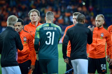 KHARKIV, UKRAINE - September 18, 2019: Ederson and  Fernandinho during the UEFA Champions League match between Shakhtar Donetsk vs Manchester City (England), Ukraine