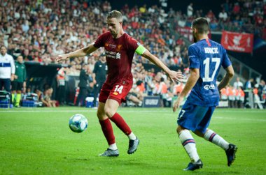 Istanbul, Turkey - August 14, 2019: Jordan Henderson and Mateo Kovacic during the UEFA Super Cup Finals match between Liverpool and Chelsea at Vodafone Park in Vodafone Arena, Turkey