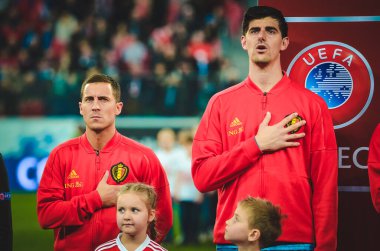 SAINT-PETERSBURG, RUSSIA - November 16, 2019:  Eden Hazard and Thibaut Courtois during UEFA EURO 2020 qualifying match between national team Russia against Belgium, Russia