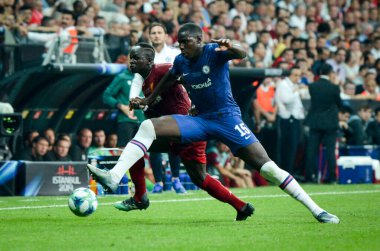 Istanbul, Turkey - August 14, 2019: Sadio Mane and Kurt Zouma during the UEFA Super Cup Finals match between Liverpool and Chelsea at Vodafone Park in Vodafone Arena, Turkey