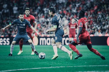 Istanbul, Turkey - August 14, 2019: Cesar Azpilicueta and Sadio Mane during the UEFA Super Cup Finals match between Liverpool and Chelsea at Vodafone Park in Vodafone Arena, Turkey