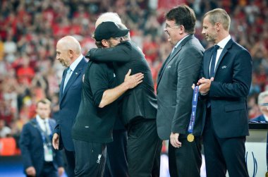 Istanbul, Turkey - August 14, 2019: Jurgen Klopp receives gold medals during the UEFA Super Cup Finals match between Liverpool and Chelsea at Vodafone Park in Vodafone Arena, Turkey