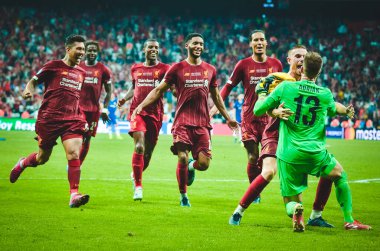 Istanbul, Turkey - August 14, 2019: Liverpool  players celebrates victory in UEFA Super Cup during the UEFA Super Cup Finals match between Liverpool and Chelsea at Vodafone Park, Turkey