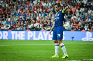 İstanbul, Türkiye - 14 Ağustos 2019: Türkiye 'nin Vodafone Arena kentindeki Vodafone Park' ta Liverpool ile Chelsea arasında oynanan Uefa Süper Kupası Finalleri sırasında Cesar Azpilicueta