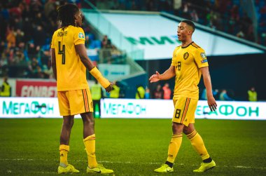 SAINT-PETERSBURG, RUSSIA - November 16, 2019: Belgian national football team celebrate victory  after UEFA EURO 2020 qualifying match between national team Russia against Belgium, Russia