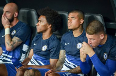 Istanbul, Turkey - August 14, 2019: Chelsea substitute footballers sit on bench before match during the UEFA Super Cup Finals match between Liverpool and Chelsea at Vodafone Park, Turkey