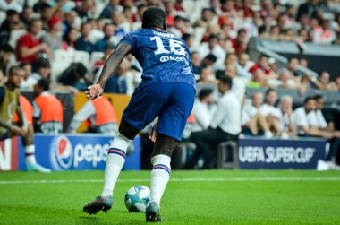 Istanbul, Turkey - August 14, 2019: Kurt Zouma during the UEFA Super Cup Finals match between Liverpool and Chelsea at Vodafone Park in Vodafone Arena, Turkey