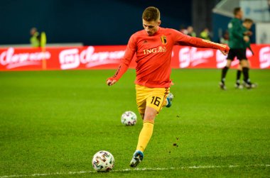 SAINT-PETERSBURG, RUSSIA - November 16, 2019: Thorgan Hazard and Belgium national football team training session during UEFA EURO 2020 qualifying match between Russia against Belgium, Russia