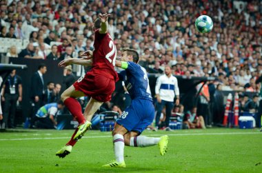Istanbul, Turkey - August 14, 2019: Cesar Azpilicueta and Andrew Robertson during the UEFA Super Cup Finals match between Liverpool and Chelsea at Vodafone Park in Vodafone Arena, Turkey
