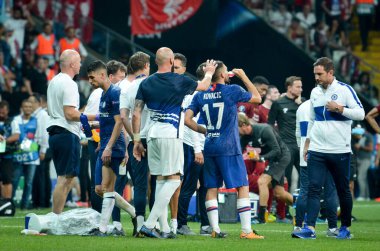 Istanbul, Turkey - August 14, 2019: Chelsea player  during half-time break during the UEFA Super Cup Finals match between Liverpool and Chelsea at Vodafone Park in Vodafone Arena, Turkey