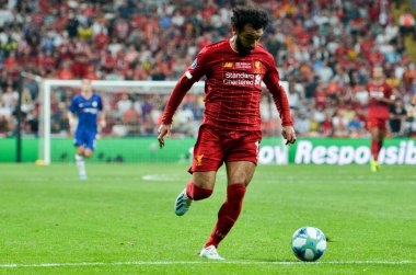 Istanbul, Turkey - August 14, 2019: Mohamed Salah player during the UEFA Super Cup Finals match between Liverpool and Chelsea at Vodafone Park in Vodafone Arena, Turkey
