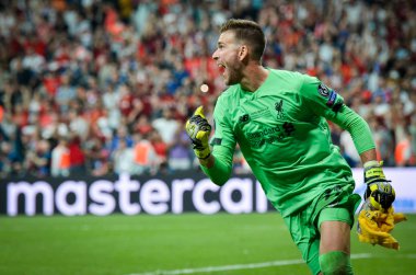 Istanbul, Turkey - August 14, 2019: Adrian celebrates victory in UEFA Super Cup during the UEFA Super Cup Finals match between Liverpool and Chelsea at Vodafone Park, Turkey