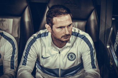 Istanbul, Turkey - August 14, 2019: Coach Frank Lampard with referee during the UEFA Super Cup Finals match between Liverpool and Chelsea at Vodafone Park in Vodafone Arena, Turkey
