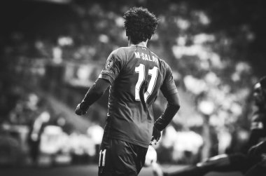 İstanbul, Türkiye - 14 Ağustos 2019: Türkiye 'nin Vodafone Arena kentindeki Vodafone Park' ta Liverpool ile Chelsea arasında oynanan Uefa Süper Kupası Finalleri sırasında Muhammed Salah