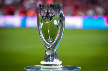 Istanbul, Turkey - August 14, 2019: Official 2019 UEFA Super Cup in Istanbul is on the pedestal during the UEFA Super Cup Finals match between Liverpool and Chelsea at Vodafone Park, Turkey