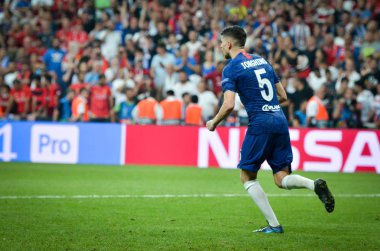 Istanbul, Turkey - August 14, 2019: Jorginho celebrate penalty kick  during the UEFA Super Cup Finals match between Liverpool and Chelsea at Vodafone Park in Vodafone Arena, Turkey