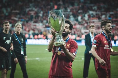 Istanbul, Turkey - August 14, 2019: Mohamed Salah celebrate with UEFA Super Cup 2019 at Vodafone Park in Vodafone Arena, Turkey