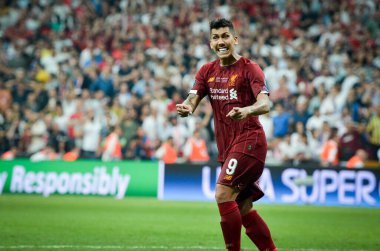Istanbul, Turkey - August 14, 2019: Roberto Firmino celebrate penalty goal scored during the UEFA Super Cup Finals match between Liverpool and Chelsea at Vodafone Park, Turkey