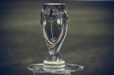 Istanbul, Turkey - August 14, 2019: Official 2019 UEFA Super Cup in Istanbul is on the pedestal during the UEFA Super Cup Finals match between Liverpool and Chelsea at Vodafone Park, Turkey